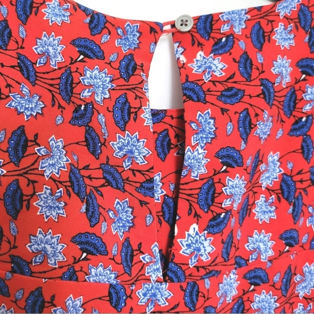 Loft Women Orange Blue Floral Boho Long Puff Sleeve Tie Waist Dress Small Petite - Picture 6 of 11